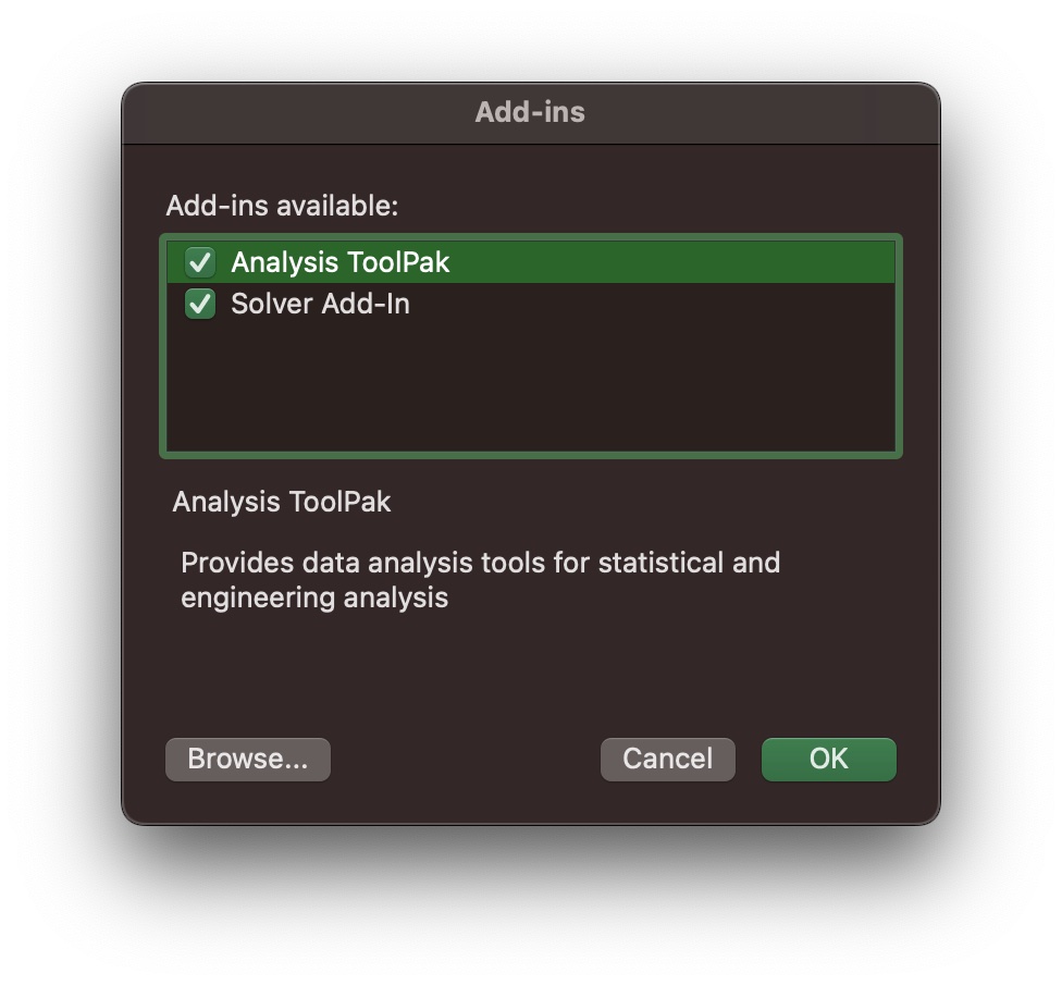Mac Excel enable Analysis ToolPak